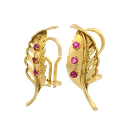 Vintage Italian 18k Yellow Gold 0.36ctw Ruby Florentine Leaf Clip On Earrings - Picture 3 of 6