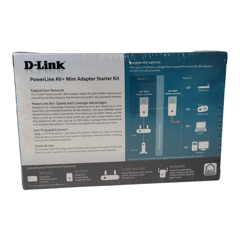 Kit de inicio de mini adaptador D-Link PowerLine AV+ (DHP309AV) sellado nuevo en caja Foto 3 de 4