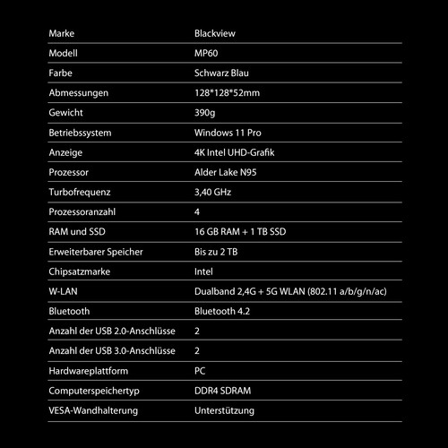 Blackview MP60 Mini PC Intel 12th N95 Mini Computer 16GB 1TB SSD/Max 2TB WIFI 5 - Bild 12 von 13
