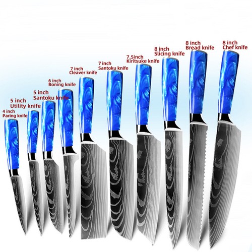 Blau 10 Stück Japanische Küchenmesser Laser Damastmuster Kochmesser SET  - Bild 26 von 28