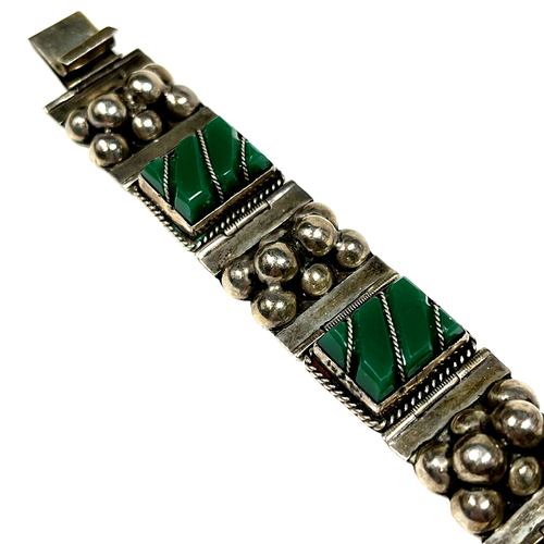 Bracciale Vintage Argento Sterling MESSICO Pannello Onice Verde 7" Statement - Foto 9 di 18