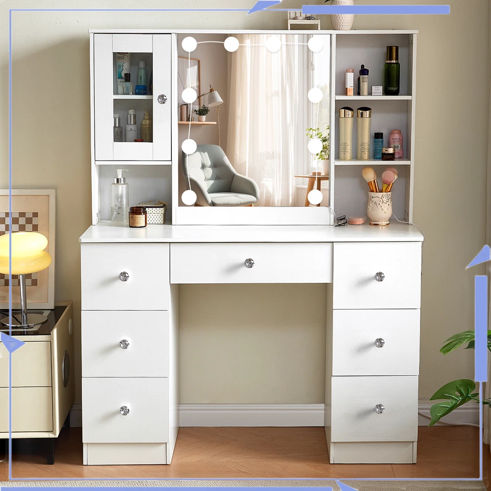 Escritorio de Maquillaje de 7 Cajones con Espejo Iluminado LED y Tocador de 3 Colores Claros Foto 2 de 4