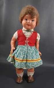 1950-Vintage-German-Doll-Hard-Plastic-Cloth-Body-Open-Mouth-Teeth-Folk-dress-20-034