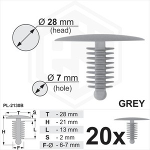 28mm Head Car Van Spruce Button 50 x Grey Plastic Fir Tree Trim Clips 7mm Hole