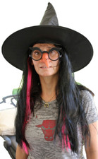 17" Womens Witch Hat with Long Black Hair and colorful string Halloween Costume