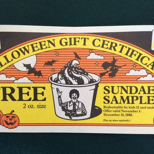 Vintage McDonalds Halloween Gutschein Geschenkgutschein ""Sundae Sampler"" unbenutzt 1988 - Bild 4 von 8