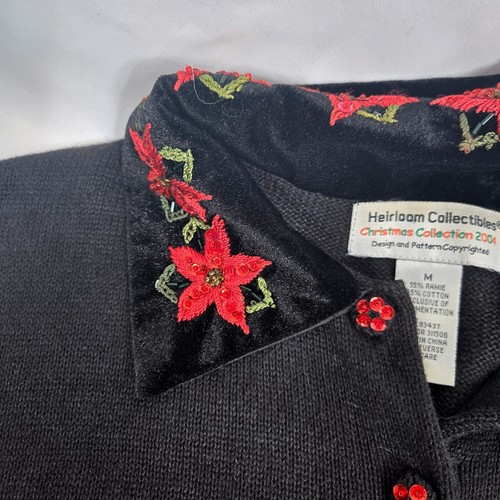Heirloom Collectibles Christmas Cardigan Sweater Poinsettia Beaded Black M - Picture 7 of 11