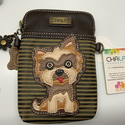 NEW CHALA YORKIE TERRIER DOG BROWN STRIPE CELL PHONE CROSSBODY PURSE BAG - Picture 5 of 7