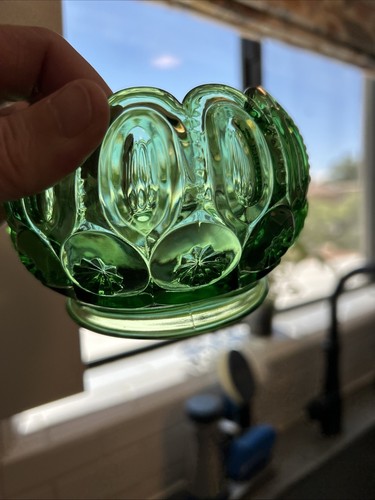 Moon and Stars Pattern Glass GREEN ROSE BOWL Ivy Fenton LG WRIGHT LE SMITH EUC - Picture 6 of 9