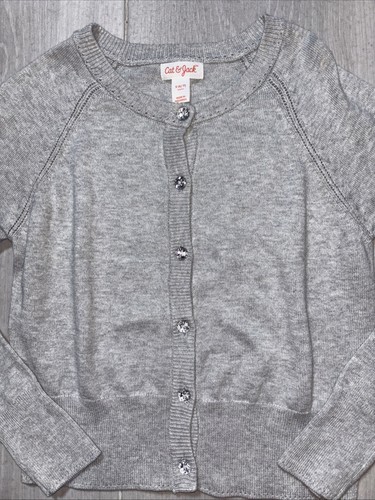 Girls Cat & Jack Gray Cardigan Sweater Size 6/7 Sparkle Button Holiday School - Picture 3 of 5