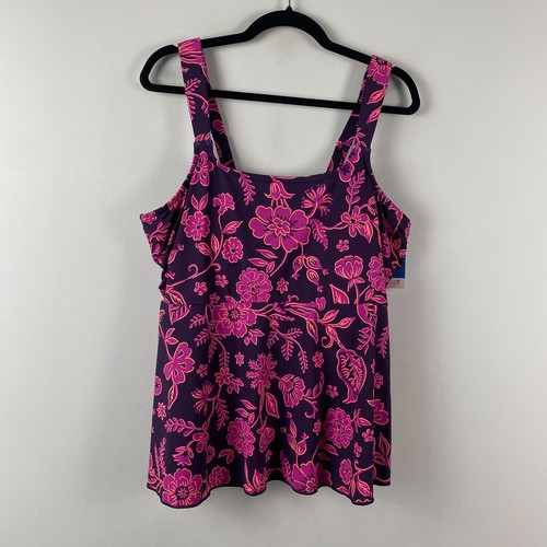 Lands' End Flatter Tankini Oberteil Gr. XL 18 DDD marineblau rosa Blumenmuster eckiger Ausschnitt