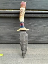 Vintage Stag Handle Knife Damascus Blade Brass Guard