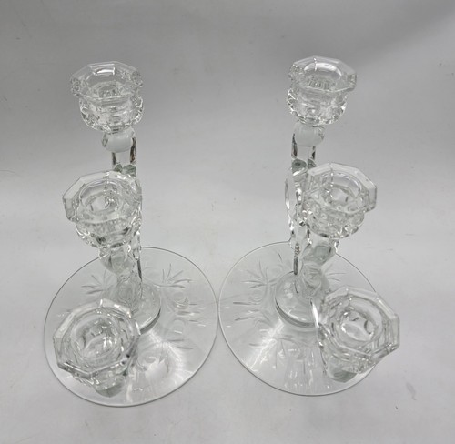 Set Of 2 Heisey Glass Cut Cascade 3 Arm Light Candle Holders Candelabra Pair Vtg - Picture 9 of 16