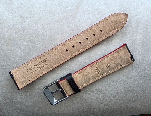 18mm Genuine Leather Black with Red Stitch Interchangeable Watch Band Strap - Picture 7 of 9