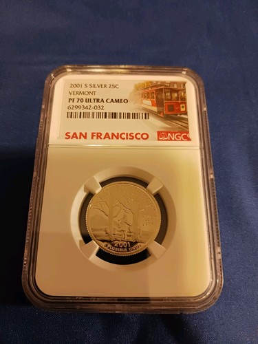 2001 S SILVER VERMONT PF 70 ULTRA CAMEO TROLLEY LABEL QUARTER 