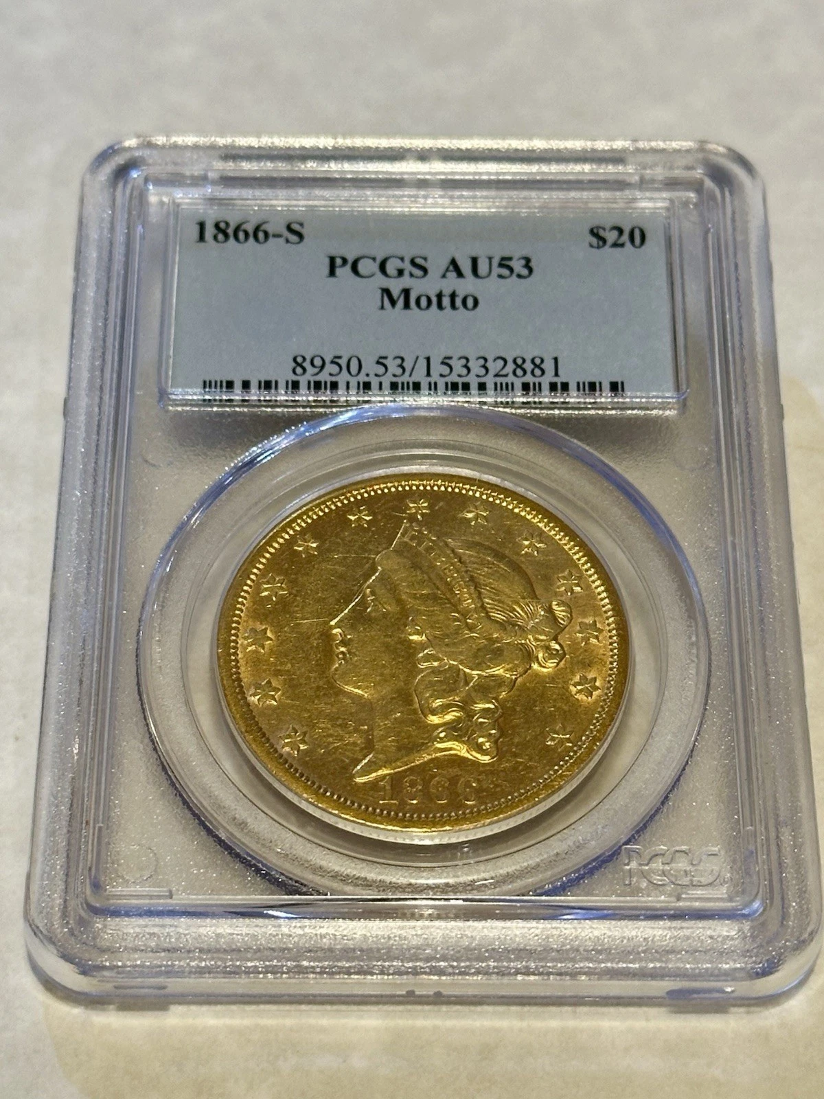 1866-S AU53 PCGS Liberty Double Eagle $20 Gold Coin PQ great appeal