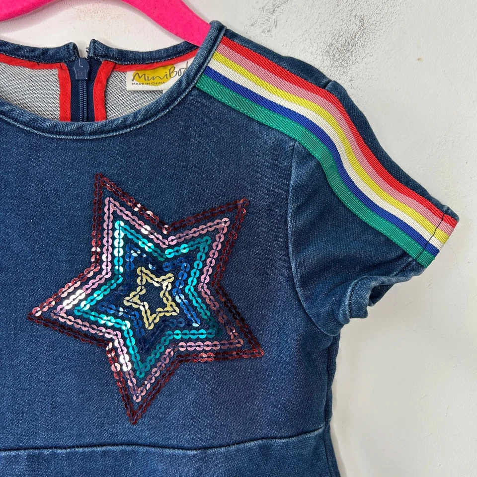 MINI BODEN Dress Girls Size 5-6Y Denim Rainbow Sequin Retro Skater Stars Unique - Image 3 of 4