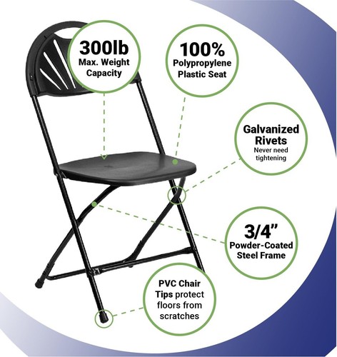 Plastic Folding Chairs Black Fan Back Outdoor 300lb Capacity Steel Frame 8 Pack - Picture 3 of 10