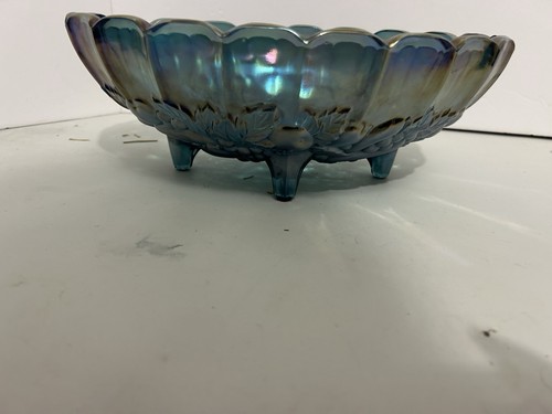 VTG Indiana Carnival Glass Blue Iridescent Bowl Harvest Grape 1970s Oval Footed - Picture 5 of 14