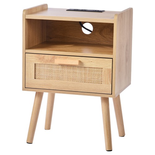Rattan Nightstand End Table with Drawer Open Shelf Boho Bedside Table - Picture 10 of 12