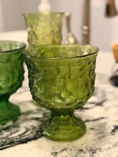 Set of 3 Vintage E.O. Brody Green Crinkle Glass – 2 Compotes + 1 Vase