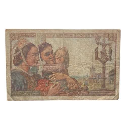 French Currency: 1942 France 20 Francs Paper Money Banknote - P#  100 - Picture 2 of 2