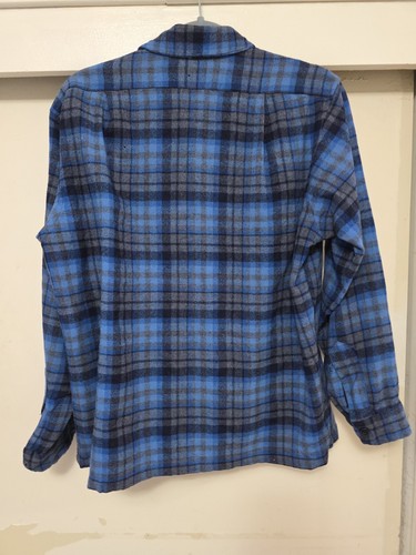 Pendleton VTG Blue Plaid Wool BoardShirt Loop Collar Button-up SZ Large *FLAWS* - Picture 5 of 17