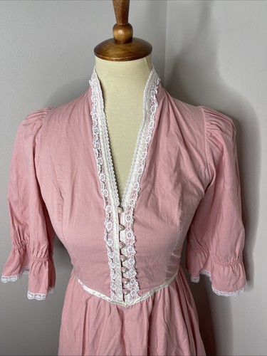 Vtg 70s Gunne Sax Jessica McClintock Lace Pearl Pink Puff Sleeve Maxi Dress S - Picture 6 of 9