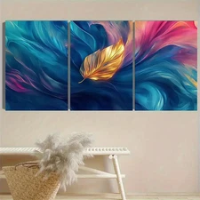 3pcs Golden Leaf on Blue Watercolor  Wall Art Canvas Framed 50x70cm