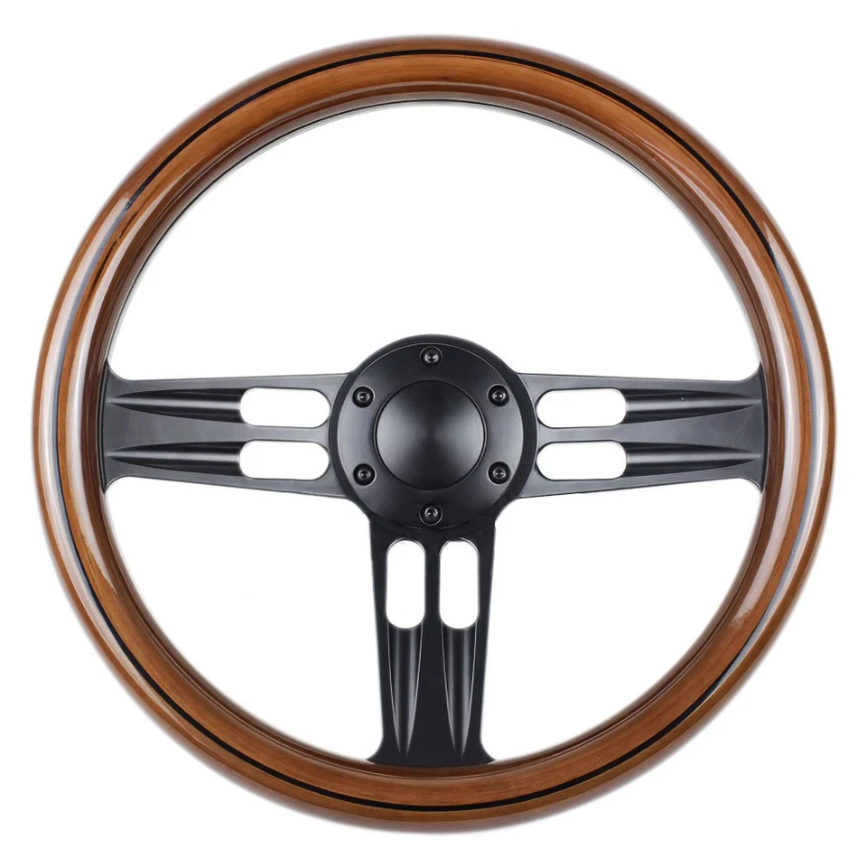 14"Wood Aluminum Steering Wheel for Chevy 6 Hole with Horn Black 3-Spokes - Image 4 of 4