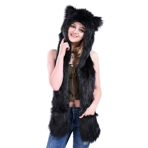 Women Fashion Faux Fur Animal Ears Hat Gloves Mittens Long Scarf Snood Hood Cap - Picture 14 of 17