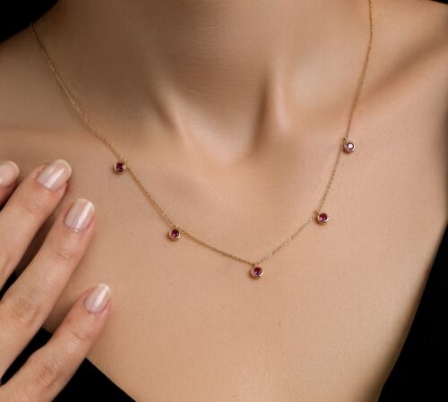 14K SOLID YELLOW GOLD STATION RUBY NECKLACE - Picture 2 of 2