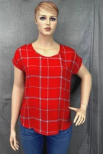 Pleione Red Black Window Pane Top Women's Size L Short Sleeve