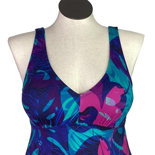 SwimsuitsForAll Tankini Swim Top Women 12 Blue Multicolor Floral Padded - Picture 2 of 11