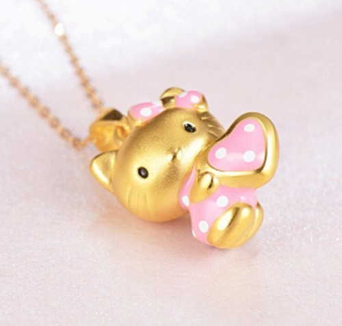 Gold Titanium Pink Dot Love Heart 3D Hello Kitty Cat Pendant Chain Necklace - Picture 3 of 4