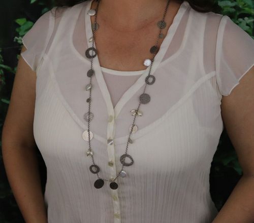 Sterling Silver Pearl & Disc Dangle Necklace Long 36" Silpada Pearl of a Girl - Picture 6 of 10