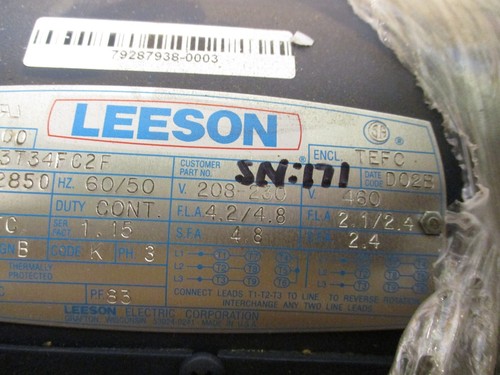 Leeson C143T34FC2E Electric Motor 208-230/460V, 3450/2850 RPM 1.5 Hp 120105.00 - Picture 7 of 9