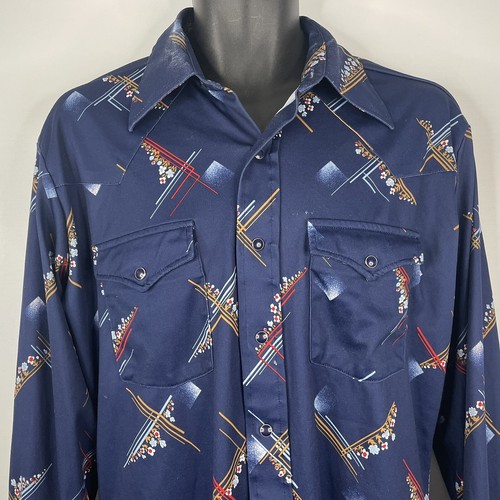 Vintage 70s Wrangler Dark Blue Geo Floral Snap Front Western Disco Shirt Size L - Picture 2 of 10