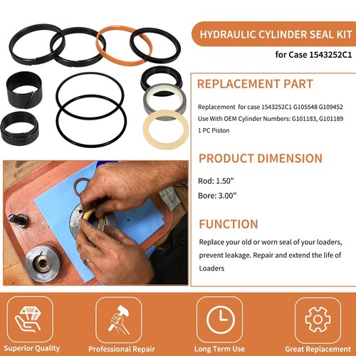 1543252C1 G109452 G105548 Hydraulic Cylinder Seal Kit for Case 1.5” Rod 3” Bore - Picture 3 of 14