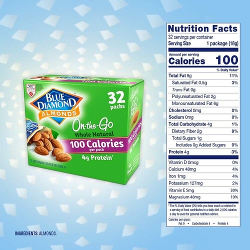 Blue Diamond Almonds Whole Natural Raw Snack Nuts, 100 Calorie Travel Bags, 32 - Picture 6 of 7
