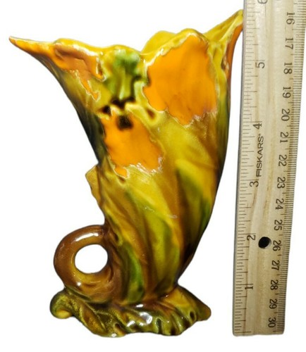 1950s Horn of plenty ceramic Cornucopia FEUILLES Autumn Flambé Leaf Vase 6" - Picture 2 of 6