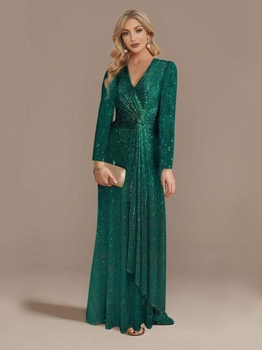 2023 Luxury Long Sleeve V-neck Evening Dress Party Women's Sequins Dress - Picture 28 of 35
