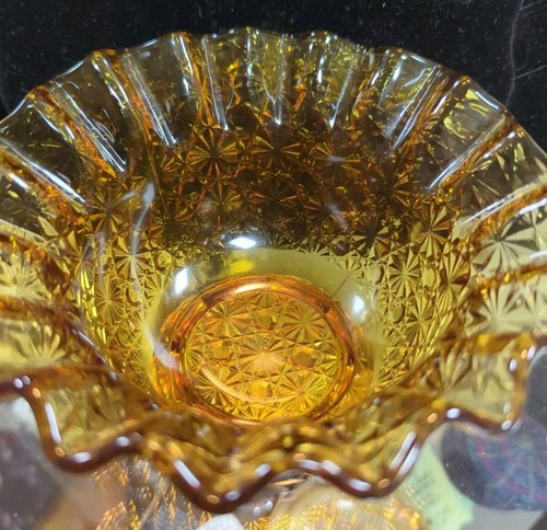L.E. SMITH Daisy & Button Pattern Amber Orange Ruffled Glass Bowl Candy Dish - Picture 2 of 7