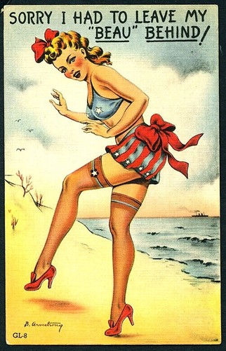 American 1945 Linen Pin-Up GLAMOUR GIRL Series Patriotic BATHING BEAUTY ~ VASTA