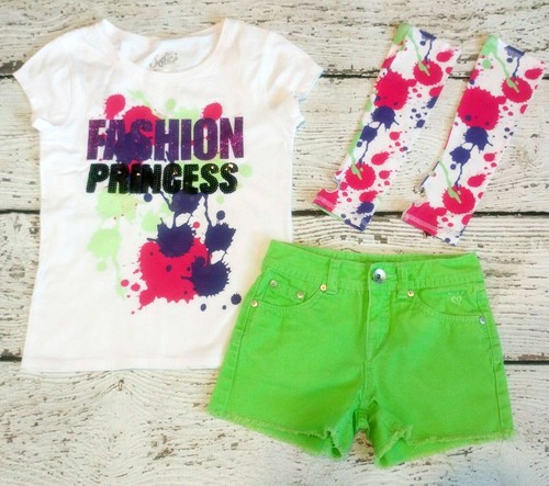 JUSTICE 10 Slim Girls Fashion Princess Arm Sleeves Tee and Green Shorts GUC 10