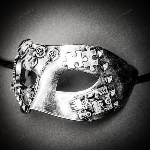 Roman Steampunk Phantom Gear Face & Eye Masquerade Halloween Mask Metal Silver - Picture 3 of 4