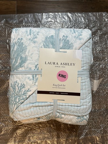 New Laura Ashley Coral Underwater White Aqua 100% Cotton King Quilt Set 3 Pc - Picture 2 of 4