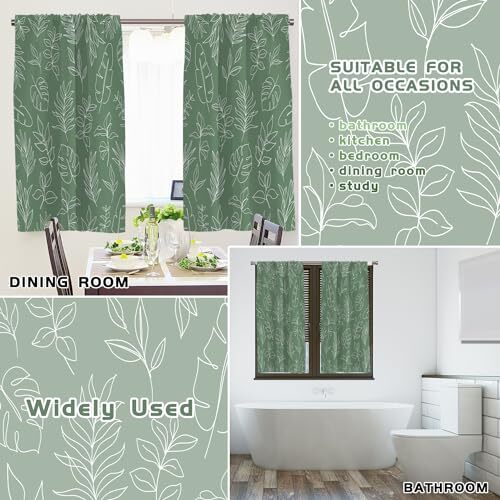 Green Kitchen Window Curtains Rod Pocket 27.5"W x 39"L (Pack of 2) Green Floral - Picture 5 of 6