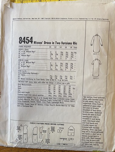Vtg 60's McCall's 8454 Drop Waist SHIRT DRESS sewing pattern 12-14 b32-34 UNCUT - Picture 2 of 2