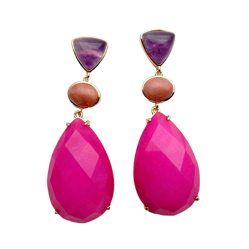 Fuchsia Jade Amethyst Red Aventurine Bezel Set Gemstone Dangle Earrings - Picture 2 of 6